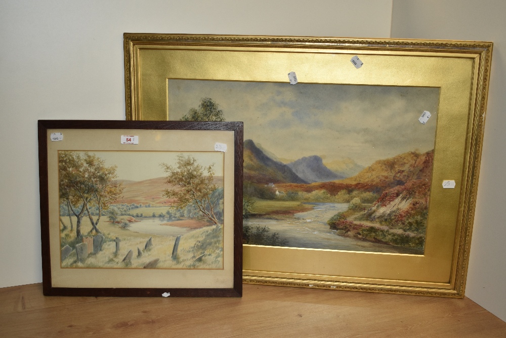 19th/20th Century School, watercolour & gouache, A romanticised Highland landscape with meandering - Image 2 of 3