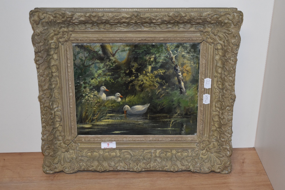 Artist Unknown (19th/20th Century), oil on canvas, Ducks beside a river, signed indistinctly to - Image 2 of 4