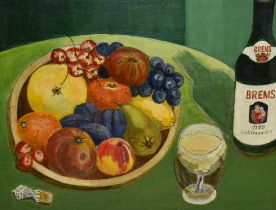 Bess Shepherd (20th Century, British), oil on board, 'Fruit and Wine', an amateur still life