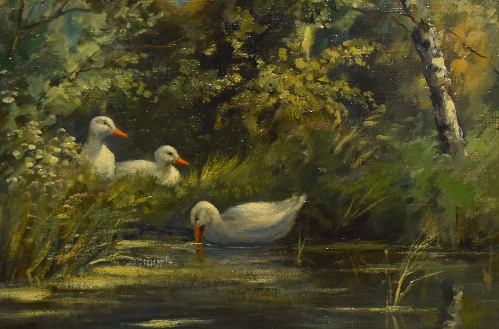 Artist Unknown (19th/20th Century), oil on canvas, Ducks beside a river, signed indistinctly to