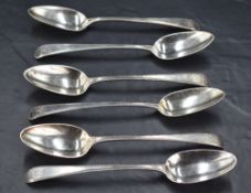 A Harlequin set of six George III silver Old English Bead pattern dessert spoons, each with engraved