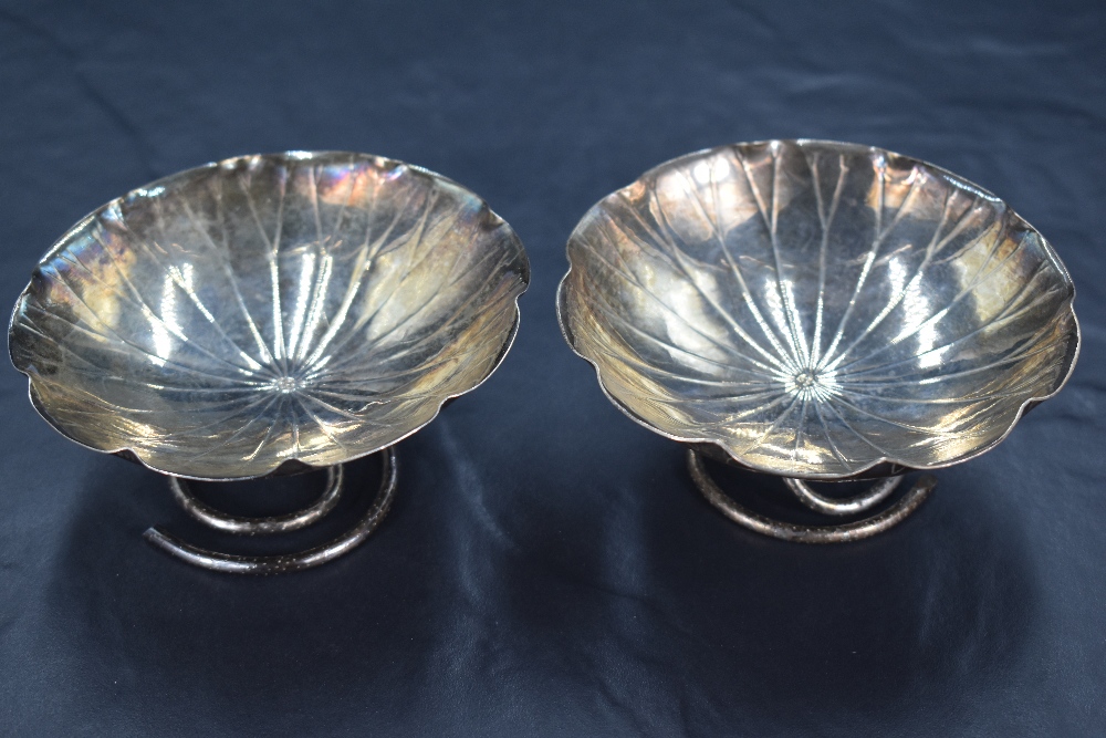 A pair of late 19th/early 20th century Chinese white metal dishes, of dished lily pad form with - Image 2 of 3