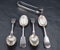 A group of four late Victorian silver fiddle pattern teaspoons, engraved with initials FV, marks for