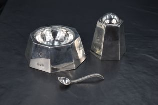 An attractive two-piece Scottish Queen Elizabeth II silver condiment set, comprising a salt with