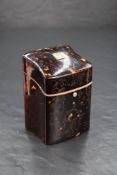 A George III tortoiseshell etui, of waisted square section form with sloping hinged cover, decorated