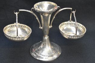 An Edwardian silver epergne centre-piece, the central trumpet form vase raised on a spreading