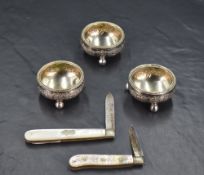 Two Victorian Mother-of-Pearl mounted and silver bladed folding fruit knives, marks for Sheffield