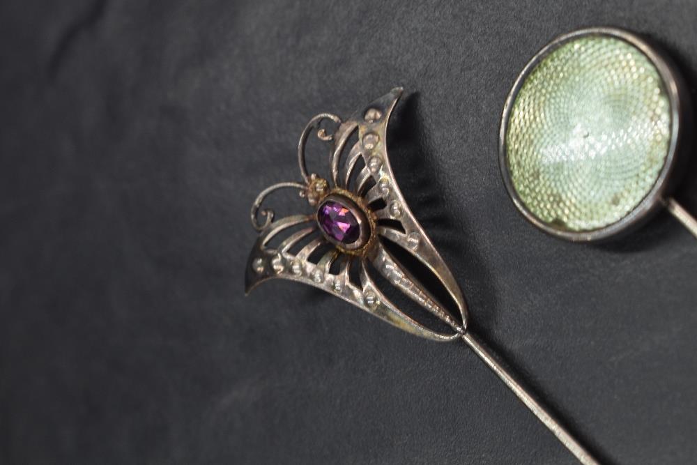 A fine George V silver topped Charles Horner hat pin, one with stylised and hinged butterfly - Image 2 of 3