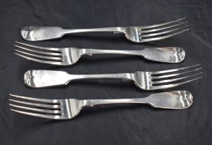 A set of four Victorian silver fiddle pattern forks, with Hanoverian terminals, marks for London