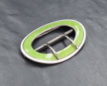 A George V guilloche enamelled silver shoe buckle, of oval form, engine turned with foliate