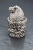 An Italian 980 grade white metal lidded box, embossed in the form of a bust of Father Christmas, his