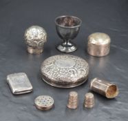 A selection of mixed silver items, to include egg cup, dressing table jar top, vesta case,