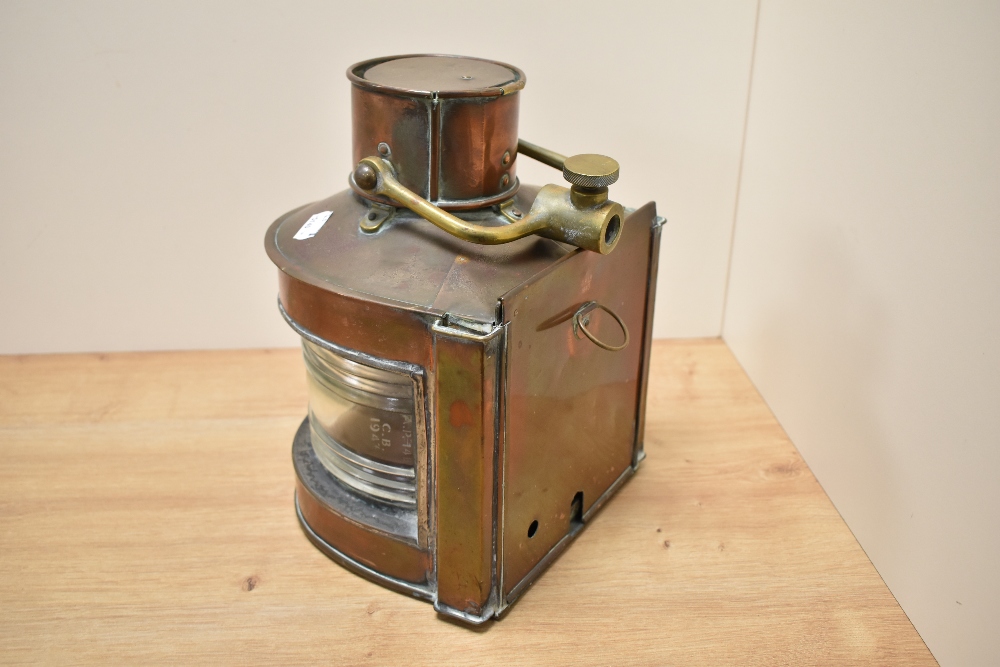 A vintage copper and glass ships lantern, back plate has impressed marks; GP LD 1943, and a date - Image 2 of 2