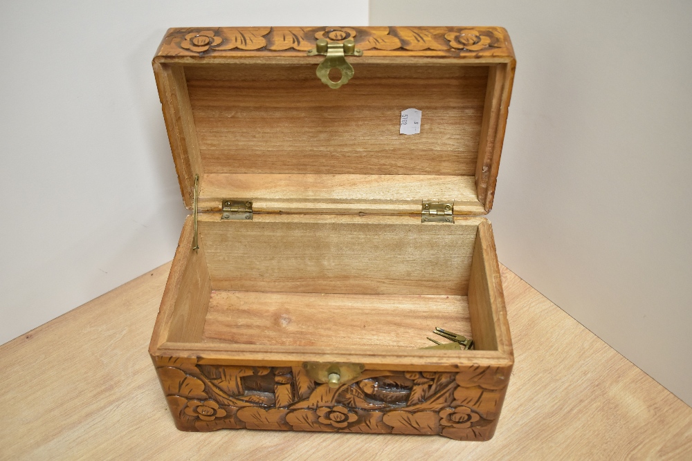 A mid-20th Century Chinese carved camphor wood box, measuring 15cm x 15cm x 25cm - Image 2 of 2