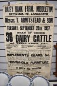A vintage 1937 dated advertising poster for the sale of Daisy Bank farm, Middleton, Heysham, Nr