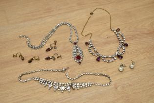 Three 1930s paste necklaces and three pairs of earrings.