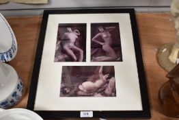 A framed collection of 1930s erotic photographic prints, framed, mounted, and under glass, measuring