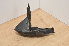 A 20th Century cast bronze ornament of a masted boat, stamped 'Myro' to the side, and measuring 12cm