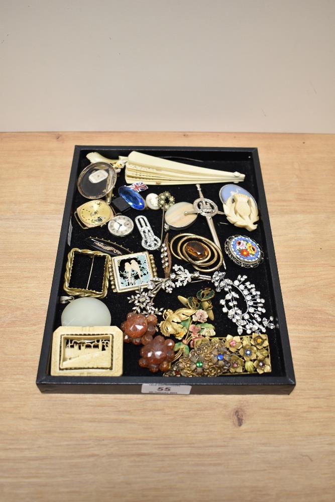 An assorted collection of costume jewellery and brooches, to include an early 20th Century ivorine