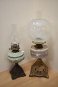 A Victorian oil lamp, having a spherical etched glass shade, a hand painted opaque glass