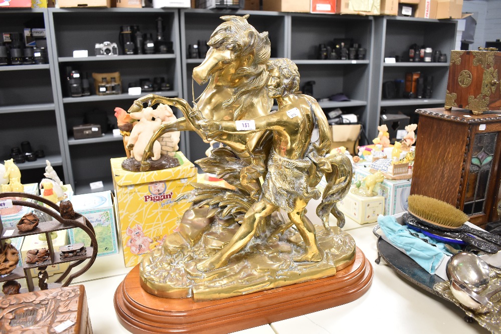 A heavy brass Marley Horse style sculpture, raised on an oval stepped mahogany plinth, altogether - Image 2 of 3