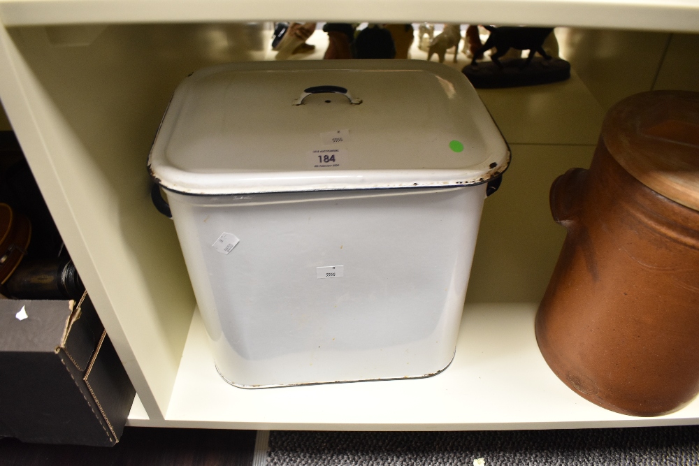 A mid-20th Century white and blue enamelled bread bin