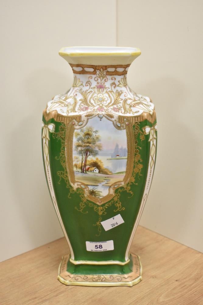 A mid-20th Century Japanese Noritake vase, on green ground, heightened with gilding, and hand