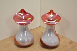 A pair of 20th Century iridescent Art Glass Jack in The Pulpit vases, measuring 15cm tall