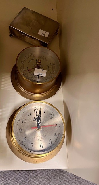 A maritime type bulk head clock, by Culpepper Instruments, barometer, and an Art Deco Aristocrat
