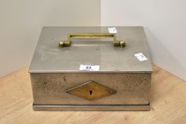 A Victorian metal deed box, with angular brass carrying handle, inscribed ''F.Best Maker of Audley