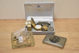 A selection of vintage cufflinks and tie pins, two gents watches, a silver plated caddy spoon and