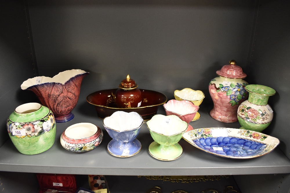 A collection of vintage Maling ware and Carlton ware, including Rouge Royale ginger jar and bowl,