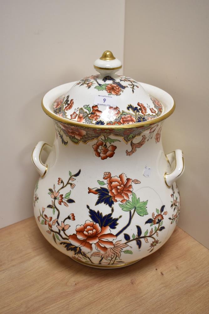 A Victorian Ironstone slop pale, decorated in the Imari palette, with two handles, and having a