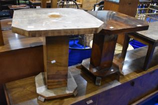 A pair of 1930s walnut occasional/coffee tables, each approx 52cm width (height 52 and 58cm, one