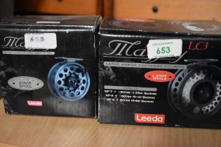 Two Leeda May Fly fishing reels in original boxes with spare spools both look unused