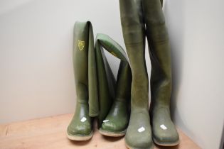 2 pairs of waders one by ross anglers size 8 thigh high and another pair cut off to knee high of a