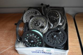 Six fly fishing reels by British fly reels, Shakespeare and Intrepid some with spare spools