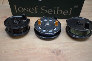 Two J W Young Pridex fly reels and a speedia centerpin reel