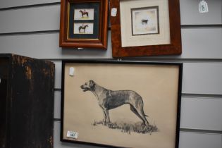 A framed pencil drawing of a hunting dog signed LAB and two other framed items on a sporting theme