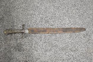 A possible German Hunting Dagger/Sword, metal grip decorated with hunting dogs fighting bears, blade
