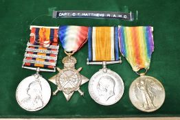 A group of Four Medals to CAPT.C.T.MATHEWS.R.A.M.C, Queen's South Africa Medal with four clasps,