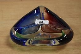A 1960s Romanian glass ashtray, tricoloured with three divisions, and measuring 16cm x 16cm