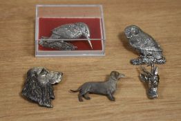 Five white metal pin badges and brooches, in the form of animals, and to include kingfisher, owl,