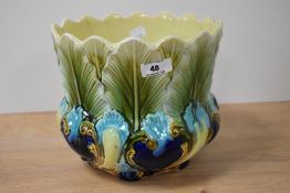 An early 20th Century New Leaf majolica jardiniere, of Art Nouveau design, measuring 20cm tall