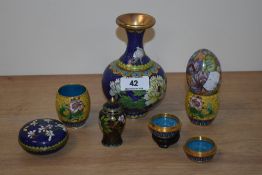 An assorted collection of Japanese Cloisonne enamelled ware, to include a blue bulbous shaped vase