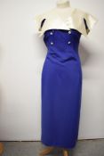 A Royal blue 1950s cotton day dress, having huge satin statement collar, side metal zip and faux
