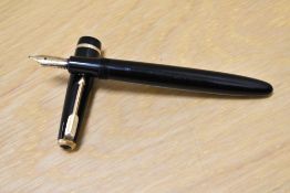 A Parker Duofold Senior Aerometric fill fountain pen in black with a decorative band to the cap