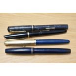 Four fountain pens. A Conway Stewart 476, A Conway Stewart 87 with rolled gold cap (engraved), a