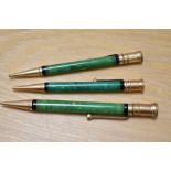 Three Parker Duofold propelling pencils in green all different sizes