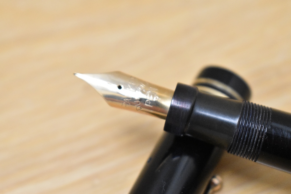 A Parker Duofold Lucky Curve Snr button fill fountain pen in black with two narrow bands to the - Image 2 of 4